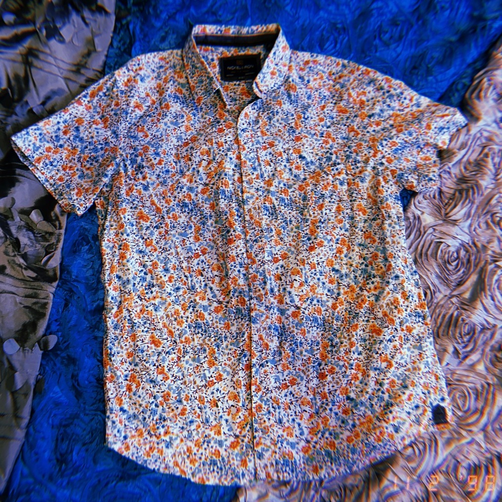Orange & Blue Floral Short Sleeve Collared Men’s Shirt - Size M
